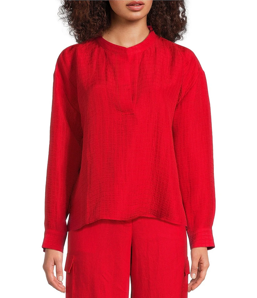 Eileen Fisher Silk Organic Linen Mandarin Collar Long Sleeve Boxy Top