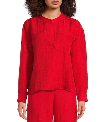 Eileen Fisher Silk Organic Linen Mandarin Collar Long Sleeve Boxy Top