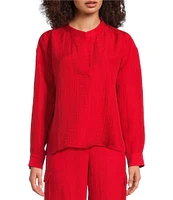 Eileen Fisher Silk Organic Linen Mandarin Collar Long Sleeve Boxy Top