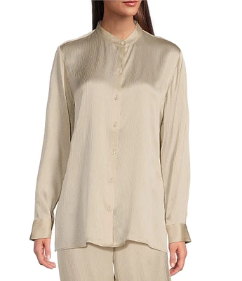 Eileen Fisher Silk Satin Mandarin Collar Long Sleeve Button Front Shirt