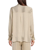 Eileen Fisher Silk Satin Mandarin Collar Long Sleeve Button Front Shirt