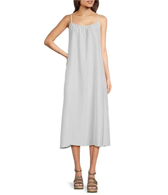 Eileen Fisher Silk Scoop Neck Sleeveless Ruched Cami Shift Dress