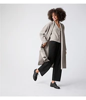 Eileen Fisher Soft Wool Stand Collar Long Sleeve Pocketed Open Front Long Jacket