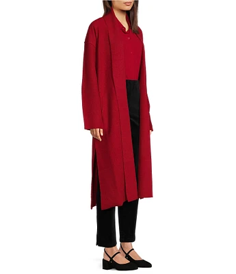 Eileen Fisher Soft Wool Stand Collar Long Sleeve Pocketed Open Front Long Jacket