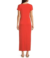 Eileen Fisher Stretch Jersey Knit Crew Neck Cap Sleeve Tie Front Midi Dress