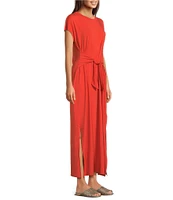 Eileen Fisher Stretch Jersey Knit Crew Neck Cap Sleeve Tie Front Midi Dress