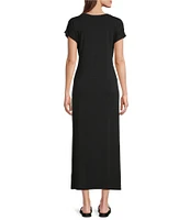 Eileen Fisher Stretch Jersey Knit Crew Neck Cap Sleeve Tie Front Midi Dress