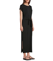 Eileen Fisher Stretch Jersey Knit Crew Neck Cap Sleeve Tie Front Midi Dress