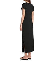 Eileen Fisher Stretch Jersey Knit Crew Neck Cap Sleeve Tie Front Midi Dress