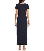 Eileen Fisher Stretch Jersey Knit Crew Neck Cap Sleeve Tie Front Midi Dress