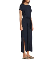 Eileen Fisher Stretch Jersey Knit Crew Neck Cap Sleeve Tie Front Midi Dress