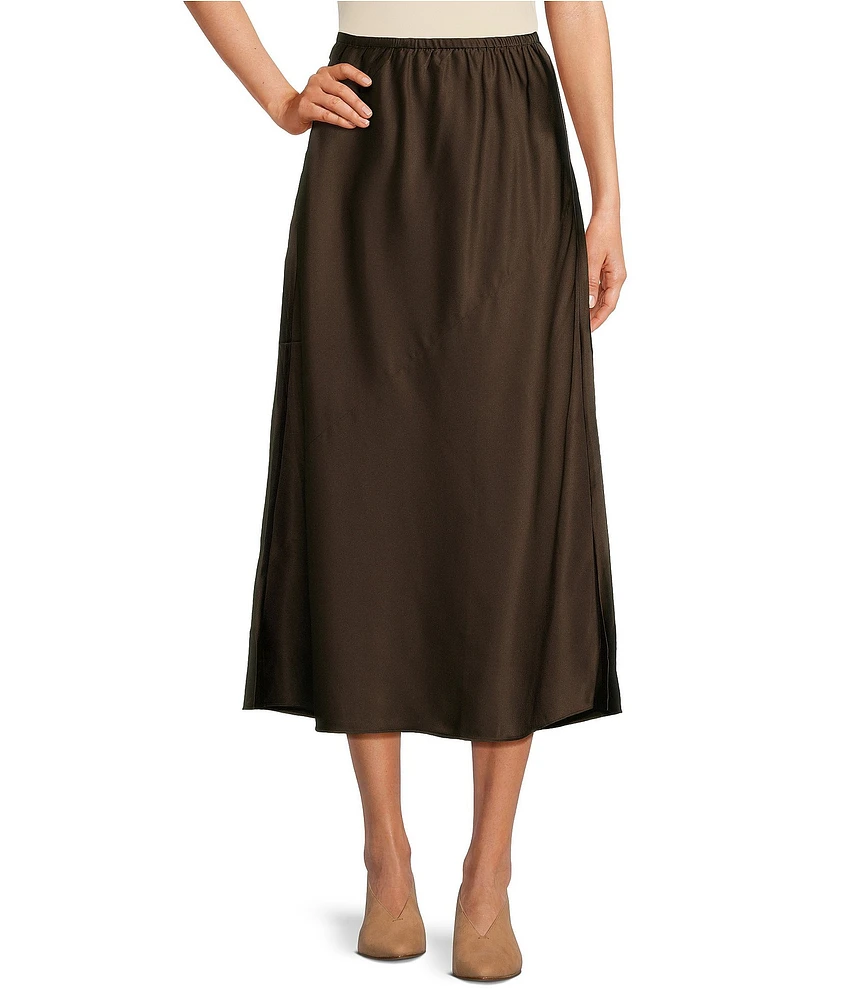 Eileen Fisher Bias Stretch Silk Charmeuse A-Line Pull-On Midi Skirt