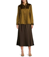 Eileen Fisher Bias Stretch Silk Charmeuse A-Line Pull-On Midi Skirt