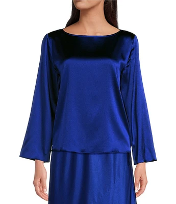 Eileen Fisher Stretch Silk Charmeuse Boat Neck Flare Bracelet Sleeve Top