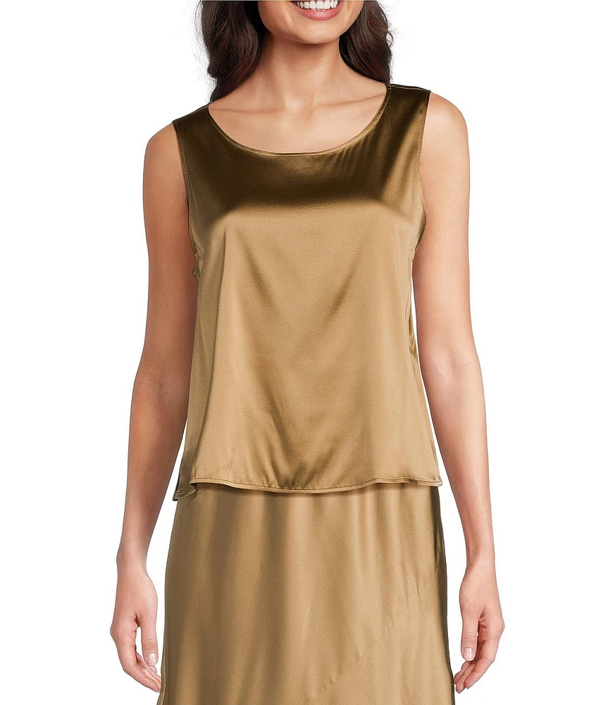 Eileen Fisher Coordinating Stretch Silk Charmeuse Boat Neck Sleeveless Shell Top