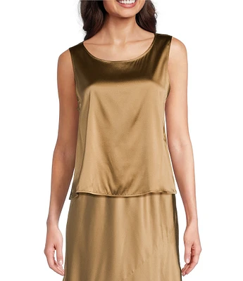 Eileen Fisher Coordinating Stretch Silk Charmeuse Boat Neck Sleeveless Shell Top