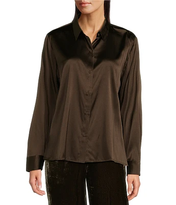 Eileen Fisher Stretch Silk Charmeuse Point Collar Long Sleeve Button Front Shirt