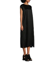 Eileen Fisher Striated Silk Satin Boat Neck Cap Sleeve Side Slit Boxy Midi Dress