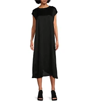 Eileen Fisher Striated Silk Satin Boat Neck Cap Sleeve Side Slit Boxy Midi Dress