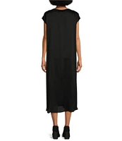 Eileen Fisher Striated Silk Satin Boat Neck Cap Sleeve Side Slit Boxy Midi Dress