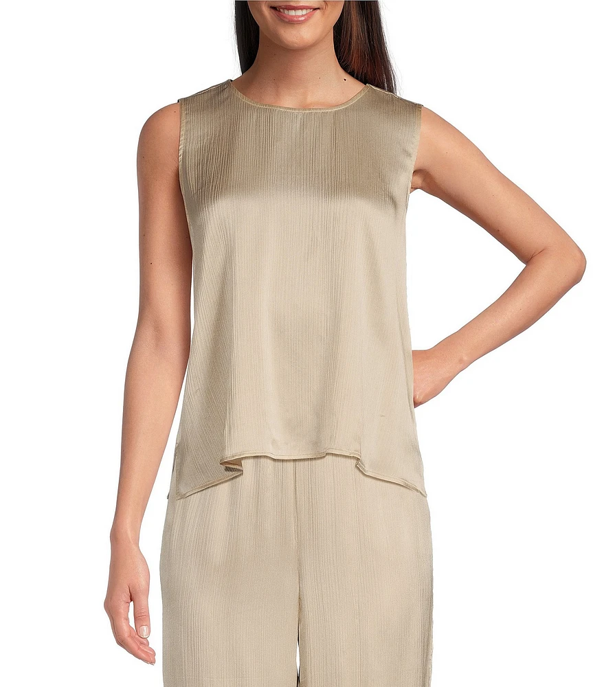 Eileen Fisher Striated Silk Satin Round Neck Sleeveless Shell Tank