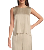 Eileen Fisher Striated Silk Satin Round Neck Sleeveless Shell Tank