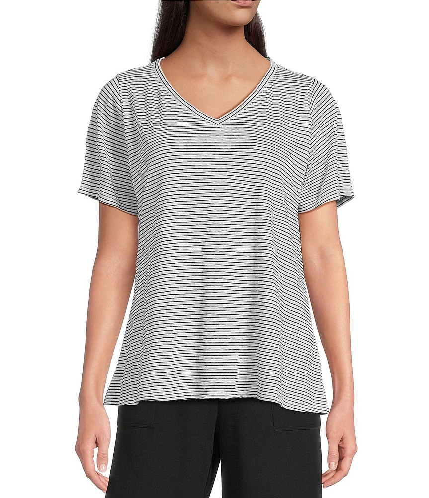 Eileen Fisher Stripe Organic Linen Jersey V-Neck Short Sleeve Tee