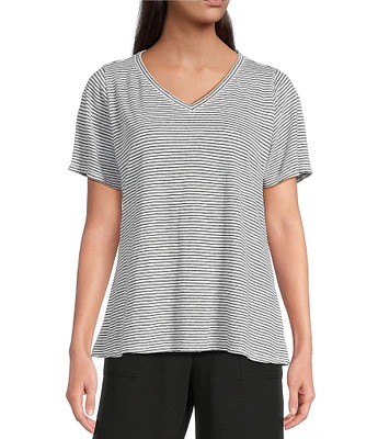 Eileen Fisher Stripe Organic Linen Jersey V-Neck Short Sleeve Tee