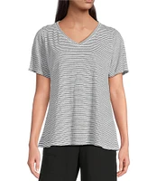Eileen Fisher Stripe Organic Linen Jersey V-Neck Short Sleeve Tee