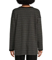 Eileen Fisher Striped Cozy Brushed Terry Round Neck Long Sleeve Long Boxy Top