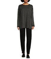 Eileen Fisher Striped Cozy Brushed Terry Round Neck Long Sleeve Long Boxy Top