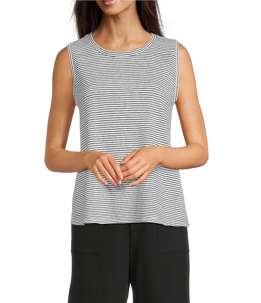 Eileen Fisher Striped Organic Linen Jersey Crew Neck Sleeveless Tank