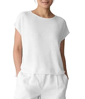 Eileen Fisher Textural Organic Linen Blend Knit Blend Crew Neck Short Sleeve Boxy Sweater
