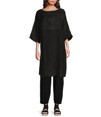 Eileen Fisher Textured Silk Jacquard Boat Neck 3/4 Sleeve Tunic