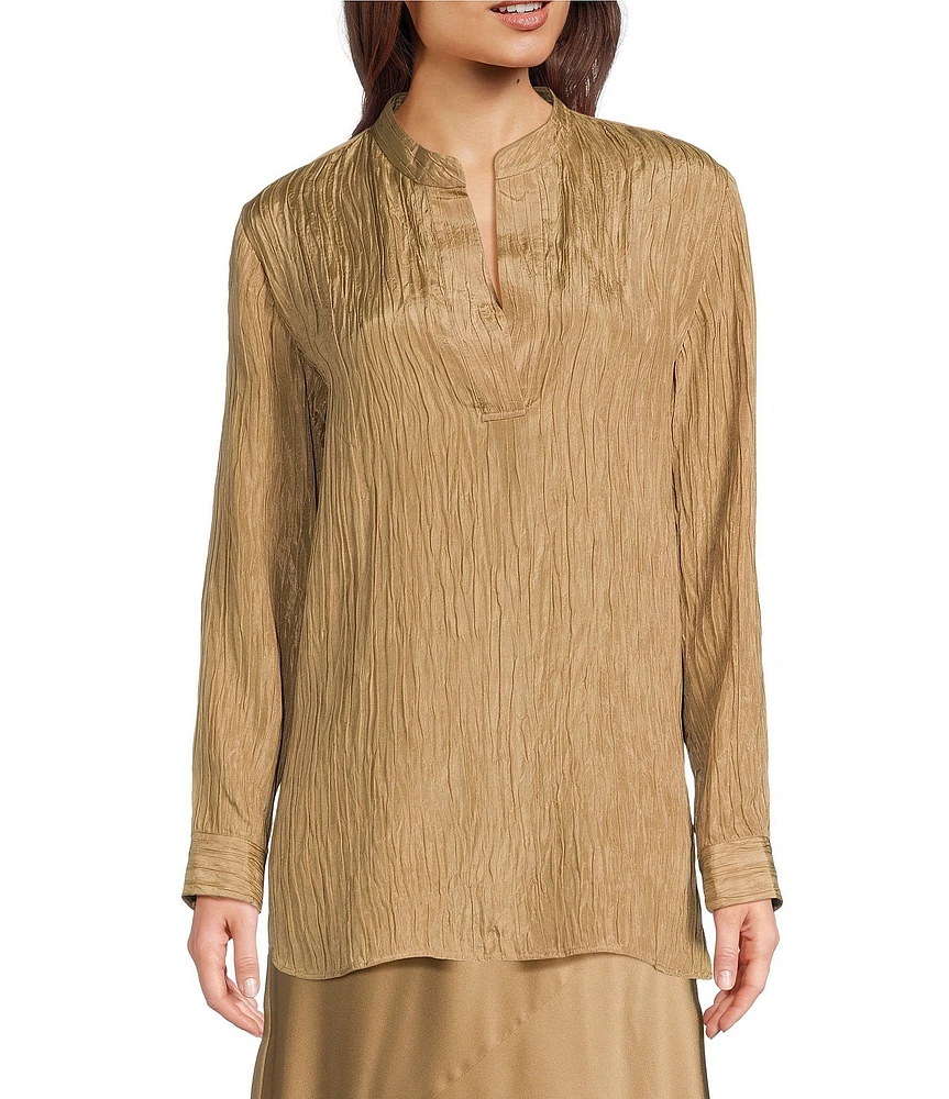 Eileen Fisher Textured Silk Jacquard Mandarin Collar Long Sleeve Tunic