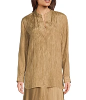 Eileen Fisher Textured Silk Jacquard Mandarin Collar Long Sleeve Tunic