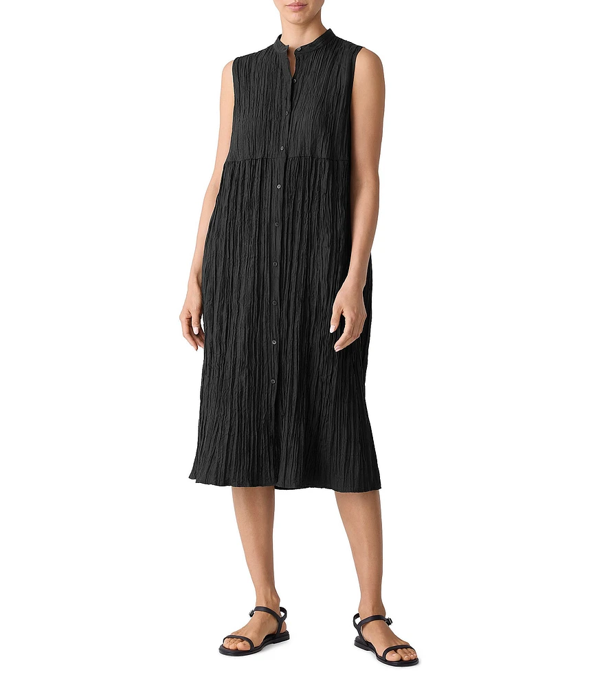 Eileen Fisher Textured Silk Mandarin Collar Sleeveless Button Front Dress