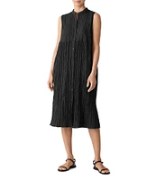 Eileen Fisher Textured Silk Mandarin Collar Sleeveless Button Front Dress