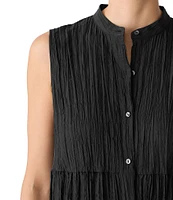 Eileen Fisher Textured Silk Mandarin Collar Sleeveless Button Front Dress