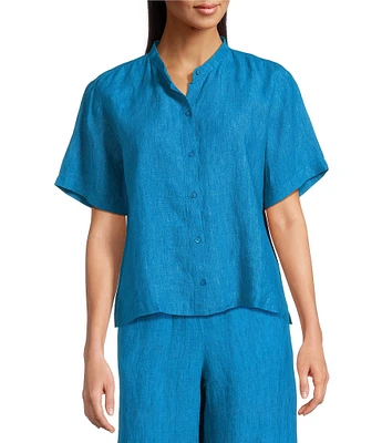Eileen Fisher Washed Organic Linen Mandarin Collar Short Sleeve Button Front Top