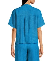 Eileen Fisher Washed Organic Linen Mandarin Collar Short Sleeve Button Front Top