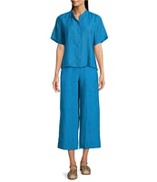 Eileen Fisher Washed Organic Linen Mandarin Collar Short Sleeve Button Front Top
