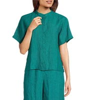 Eileen Fisher Washed Organic Linen Mandarin Collar Short Sleeve Button Front Top