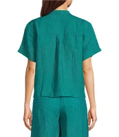 Eileen Fisher Washed Organic Linen Mandarin Collar Short Sleeve Button Front Top