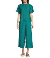 Eileen Fisher Washed Organic Linen Mandarin Collar Short Sleeve Button Front Top