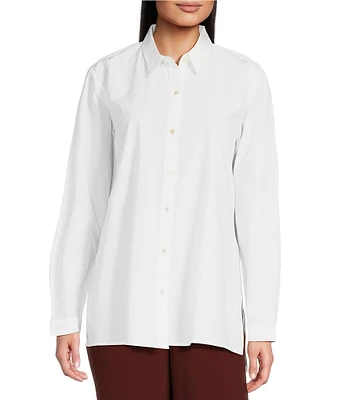 Eileen Fisher Washed Organic Cotton Poplin Point Collar Long Sleeve Button-Front Shirt