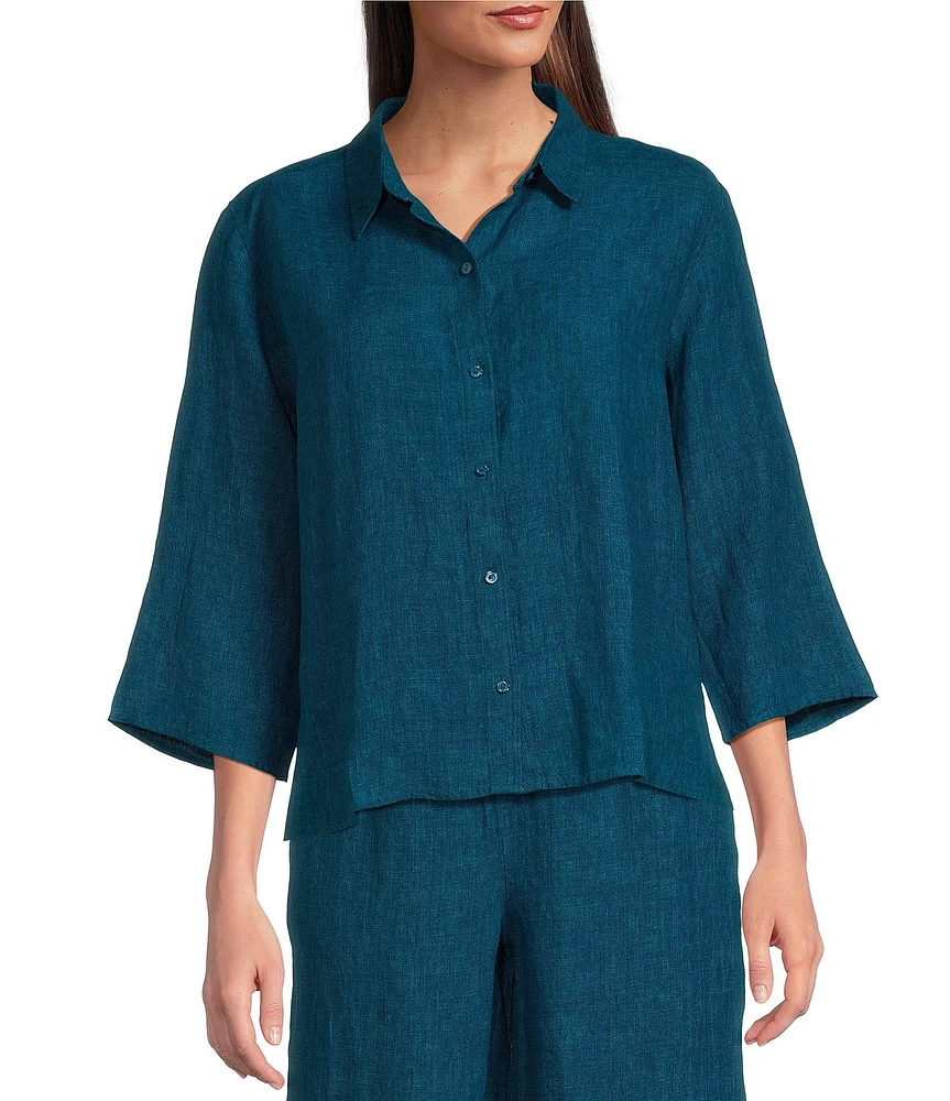 Eileen Fisher Washed Organic Linen Point Collar 3/4 Sleeve Button Front Shirt