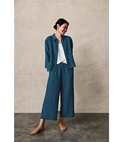 Eileen Fisher Washed Organic Linen Point Collar 3/4 Sleeve Button Front Shirt