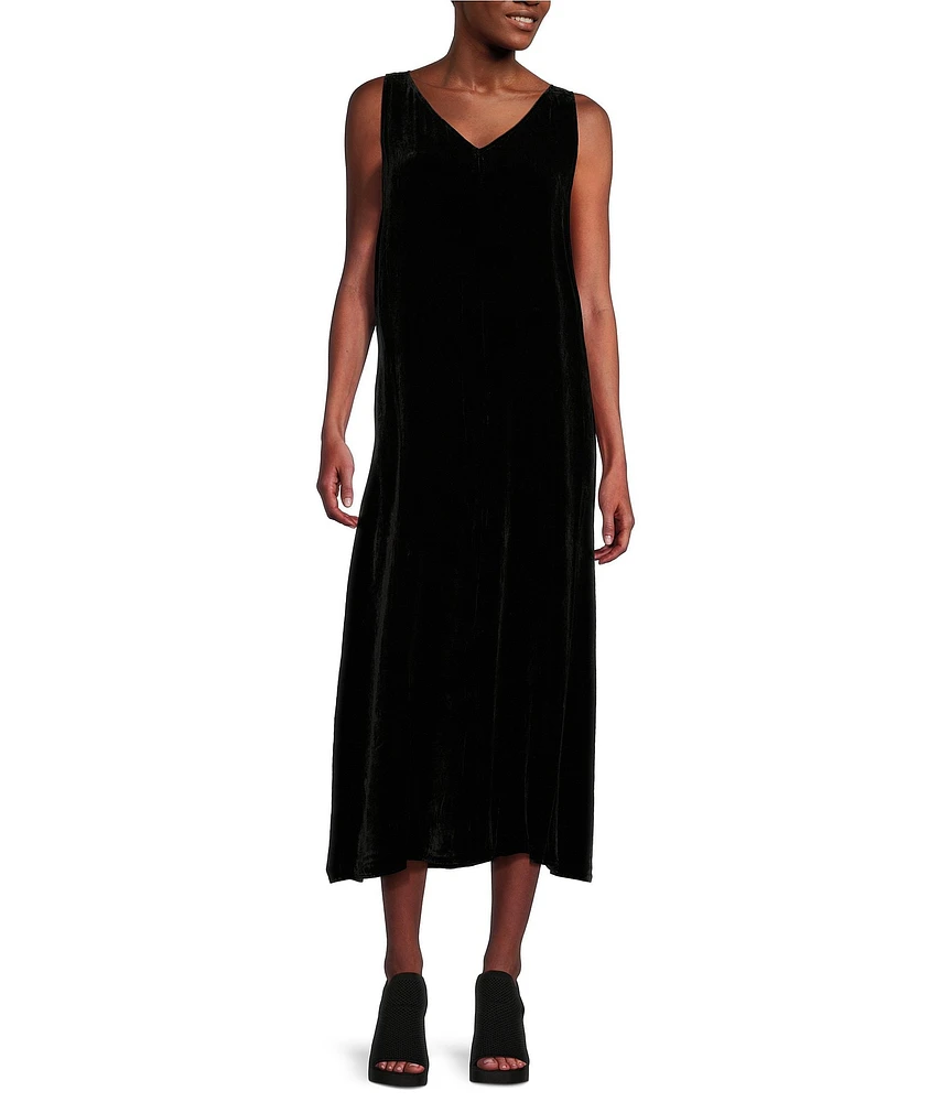 Eileen Fisher Washed Velvet V-Neck Sleeveless Midi Dress