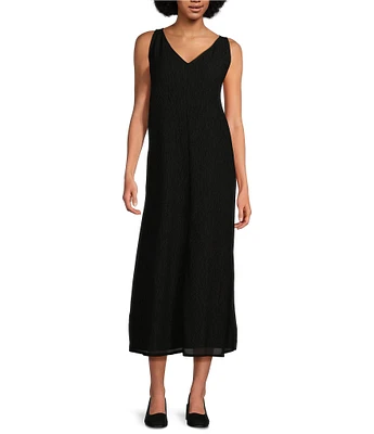 Eileen Fisher Woven Crinkle Plisse V-Neck Sleeveless Dress